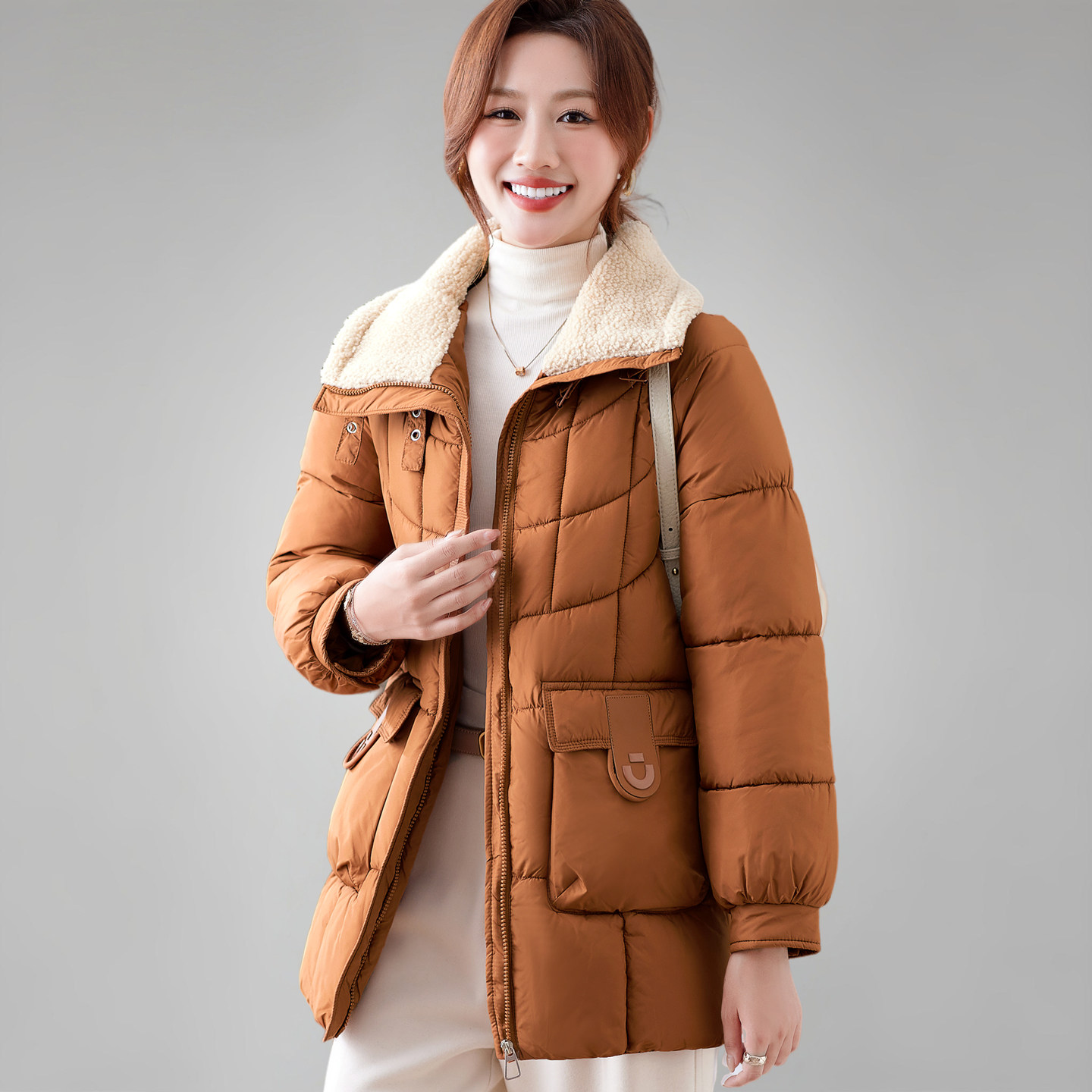 橘黄棉服女款冬装2025新款妈妈中长款羽绒棉袄小香风洋气保暖外套