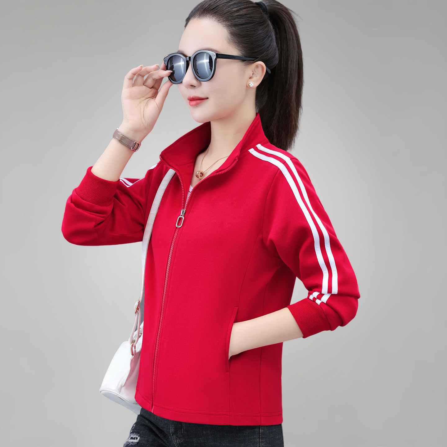 立领外套女士卫衣2026春季新款洋气红色运动开衫妈妈休闲夹克上衣