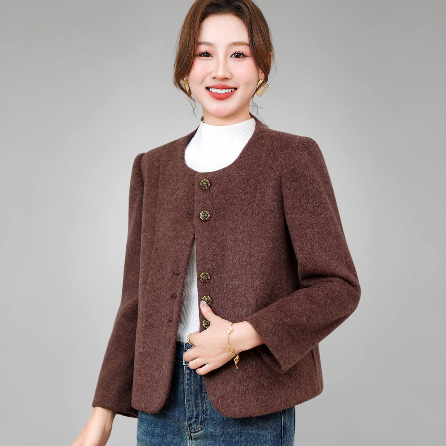 小香风女士短外套2026春装新款圆领厚西装妈妈上衣双面羊毛呢大衣