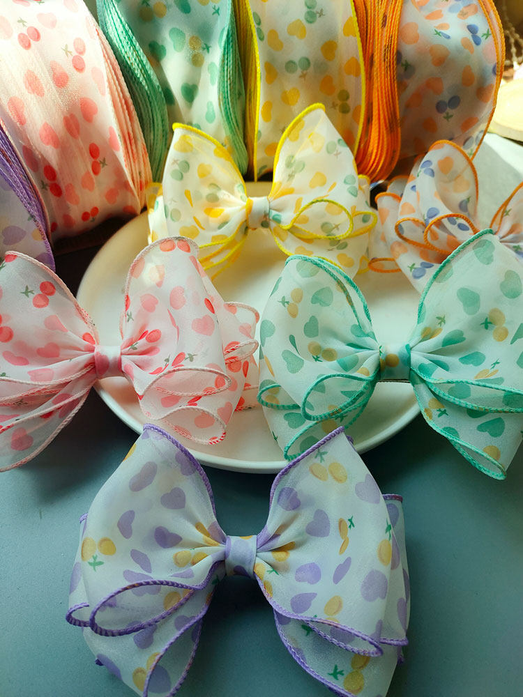 心型樱桃爱心水果印花拷边纱带手工发饰丝带蝴蝶结diy材料一琳c78