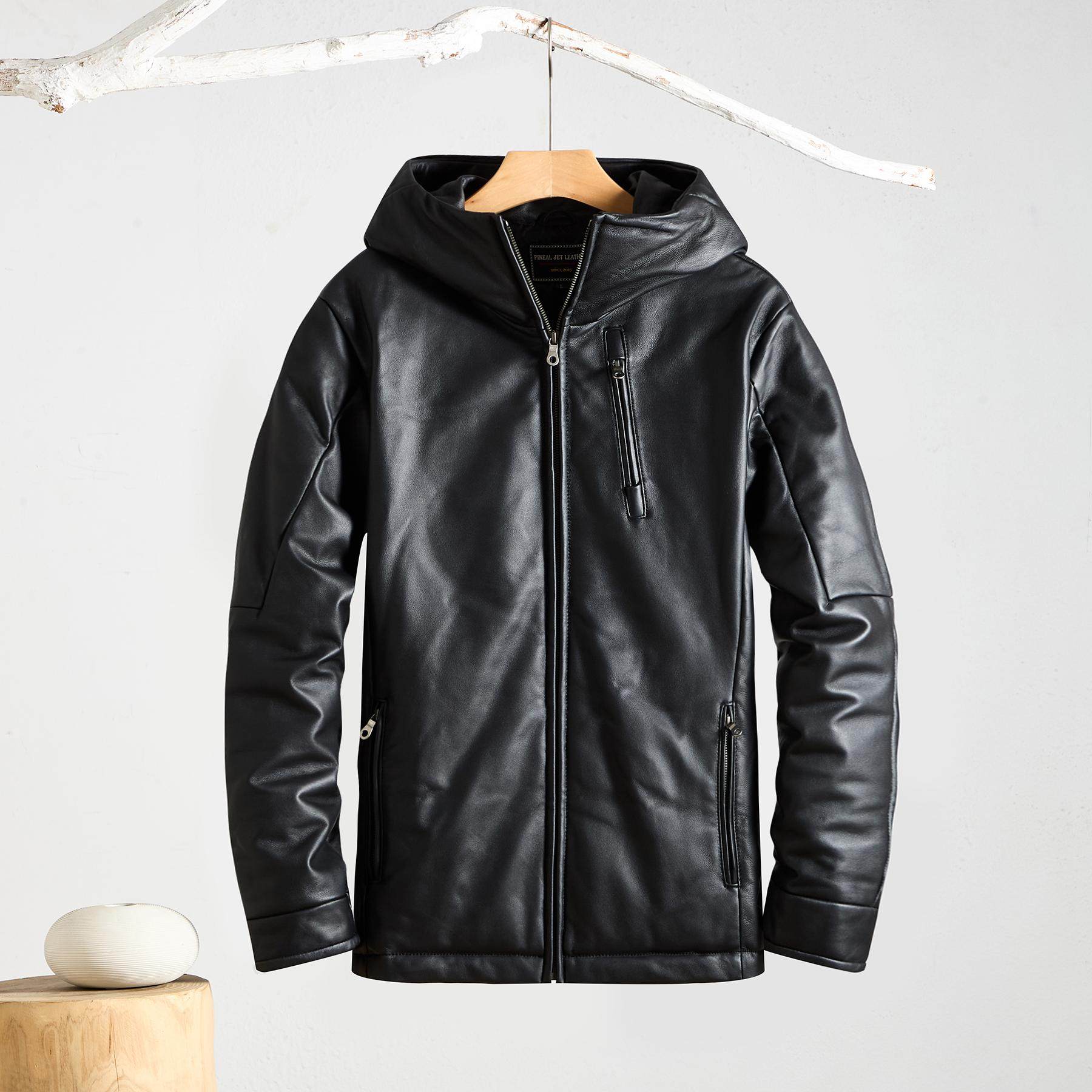 铬鞣带涂层头层绵羊皮男装修身轻型小棉服夹克加薄棉真皮皮衣外套