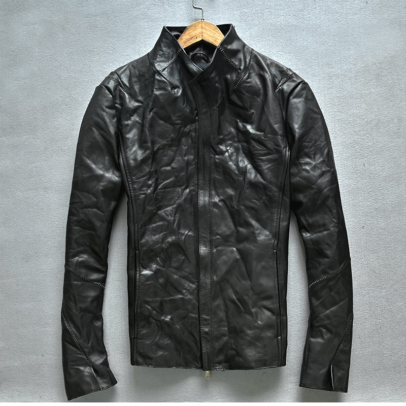 机车皮衣压皱牛皮马蹄袖