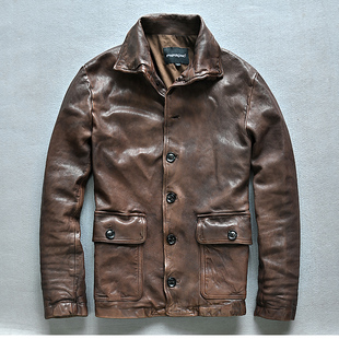 水洗旧化单排扣植鞣绵羊皮真皮皮衣 翻领常规款 日系复古男士 修身
