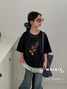 现货2025夏款波拉BORA韩国童装女童做旧蕾丝拼接短袖T恤上衣宽松