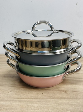 出口瑕疵201不锈钢复底叠叠锅喷漆锅22cm汤锅+屉+钢盖多用可收纳