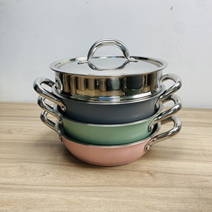 出口瑕疵201不锈钢复底叠叠锅喷漆锅22cm汤锅+屉+钢盖多用可收纳
