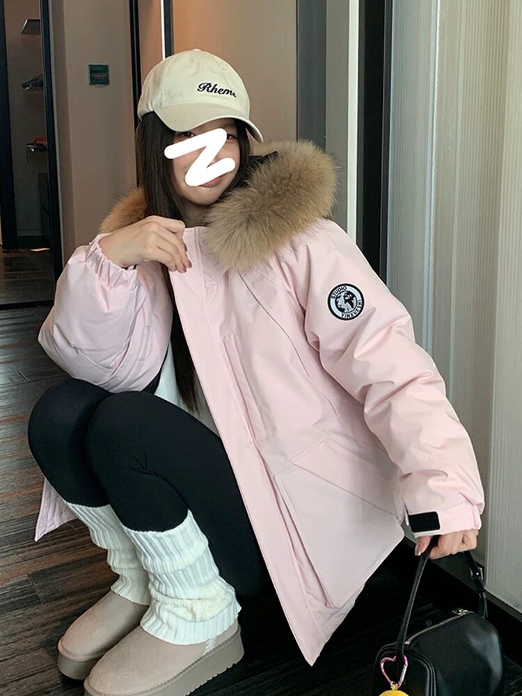 粉色小个子毛领冬季外套派克服短款工装羽绒服流行爆款