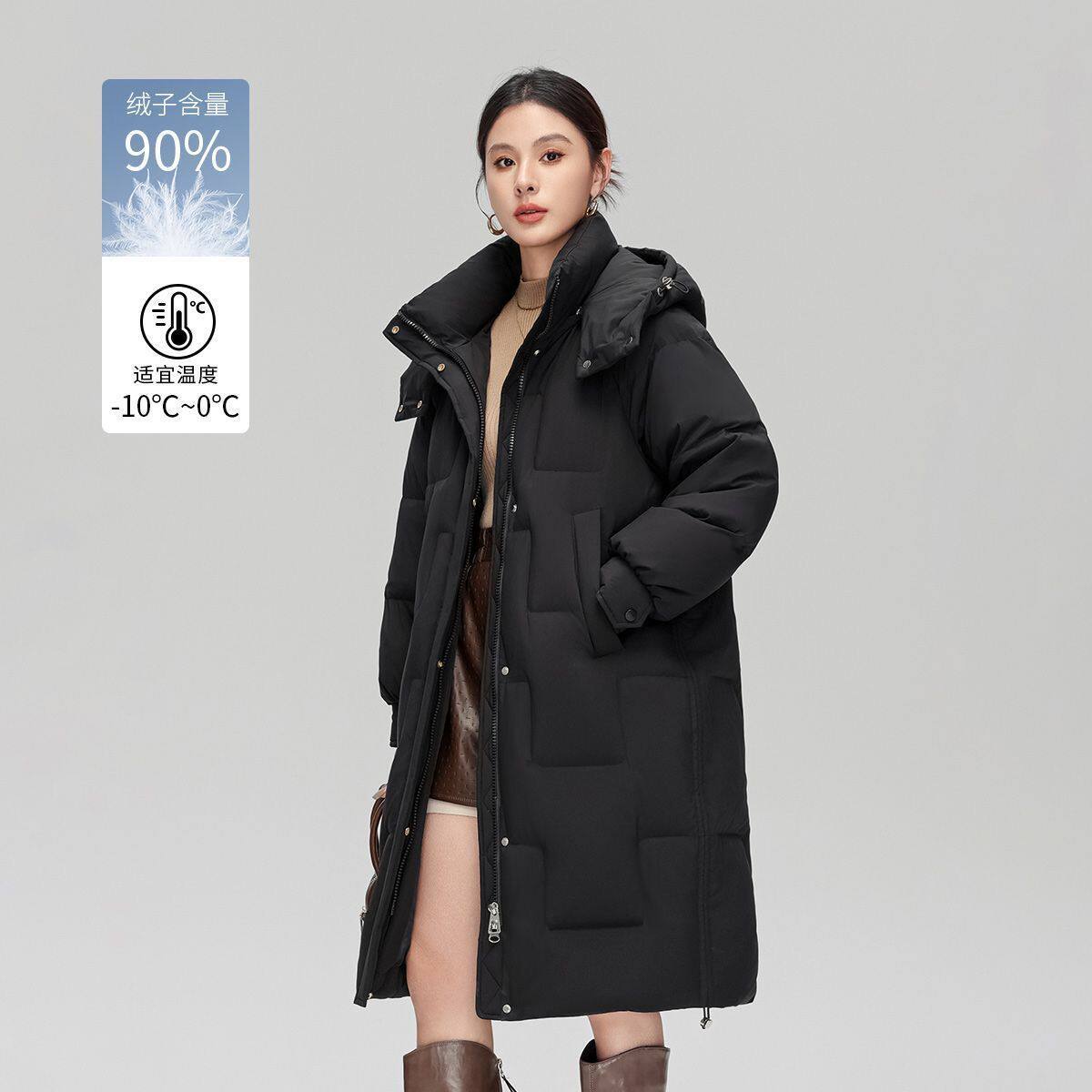 茵曼90鸭绒加厚保暖连帽羽绒服女2025年冬季舒适宽松中长款外套女
