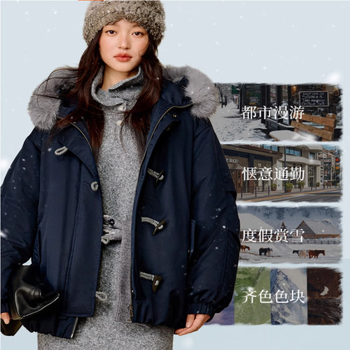 三防|茵可拆连帽毛领羽绒服2025冬季女装新款牛角扣保暖派克服