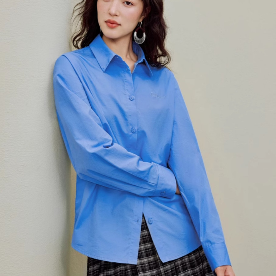 100%棉】通勤亮蓝色衬衫女2025年秋季新款宽松长袖衬衣外套,女装/女士精品,衬衫,淘宝优惠券,粉丝福利购,淘宝优惠卷