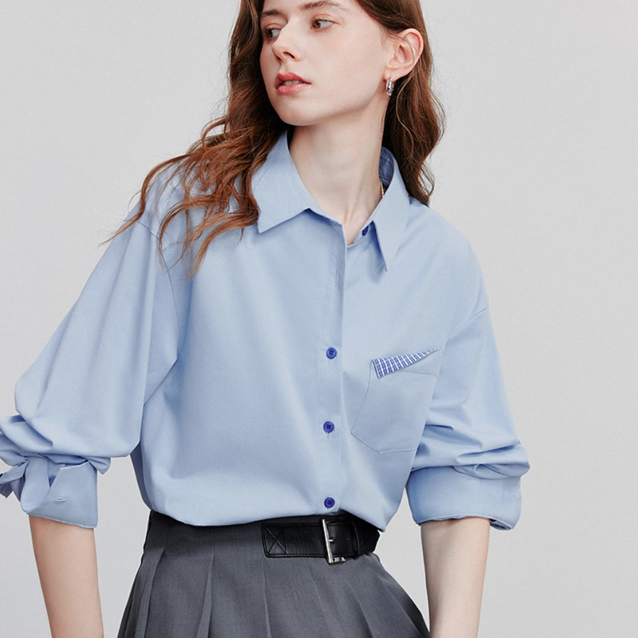 设计感折角口袋简约蓝色长袖衬衫女2025秋季新款通勤衬衣上衣