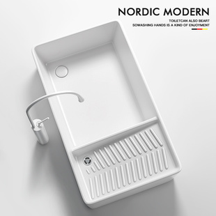 唯雅士现代简约搓衣板一体台上盆长方形陶瓷洗手盆带龙头白色家用