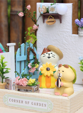 猫部杂货 夏季庭院场景迷你公仔 向日葵猫咪吃冰柴犬日式车载摆件