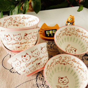 猫部杂货日系猫头表情变化陶瓷碗釉下彩搞怪小猫米饭粥碗靓汤碗