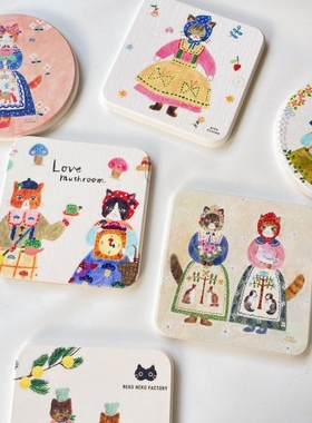 日本插画aiko fukawa猫咪硅藻泥方形杯垫森系水彩风小猫隔热餐垫