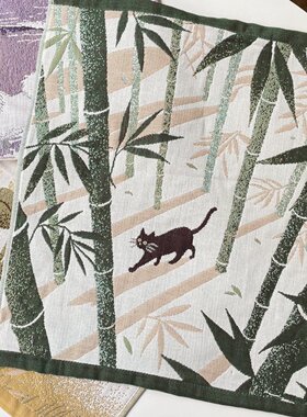 猫部杂货出口日本竹林猫咪方巾日式复古柔软吸水厨房擦手挂巾毛巾