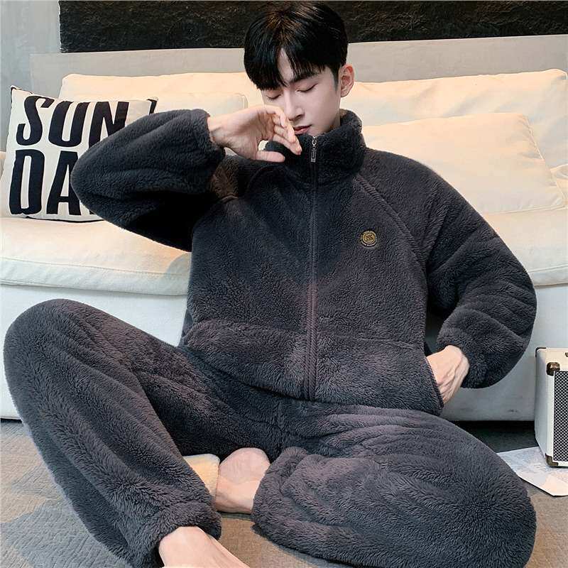 美梦秋冬新款雪花绒可外穿男大码宽松加绒加厚暖绒保暖家居服睡衣