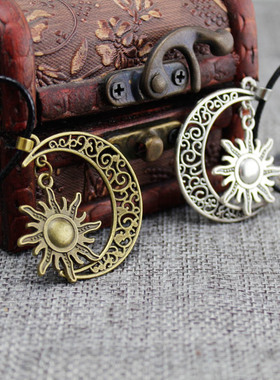 欧美 太阳月亮多色吊坠 皮绳男士项链