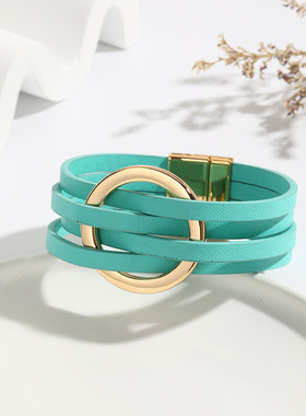 跨境新品交叉皮革女士手链金属大圆环袖口手镯多层腕带磁扣手镯