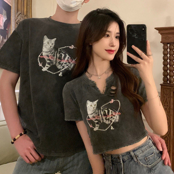 不一样情侣装夏装短袖2023一长一短纯棉t恤ins超火高级设计感小众