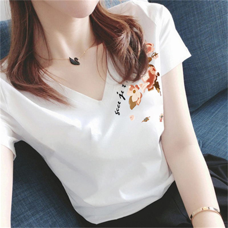 v领印花笑脸通勤爱心字母创意T恤