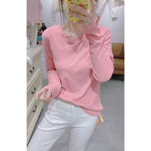 韩版显瘦宽松长袖纯色体恤衫春季百搭甜美风轻薄女款圆领打底上衣