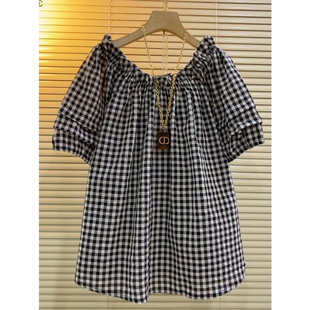 夏装温柔风短袖T恤小衫韩版大码高级感减龄格纹额超绝上衣蕾丝衫