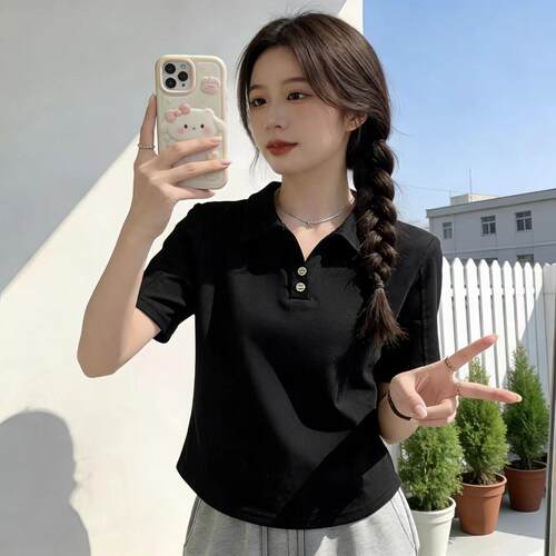 胖MM简约短袖polo领纯色女T恤小衫韩版温柔风纽扣设计松弛感上衣 - 封面