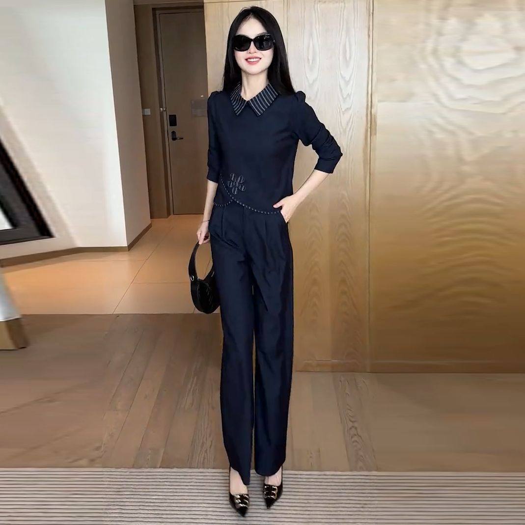 胖MM不规则别致polo领衬衫上衣垂感阔腿长裤子两件套国风时尚套装,女装/女士精品,大码套装,淘宝优惠券,粉丝福利购,淘宝优惠卷