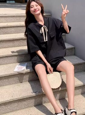 夏装洋气宽松小蝴蝶结上衣阔腿小短裤子两件套纯欲风时尚女套装潮