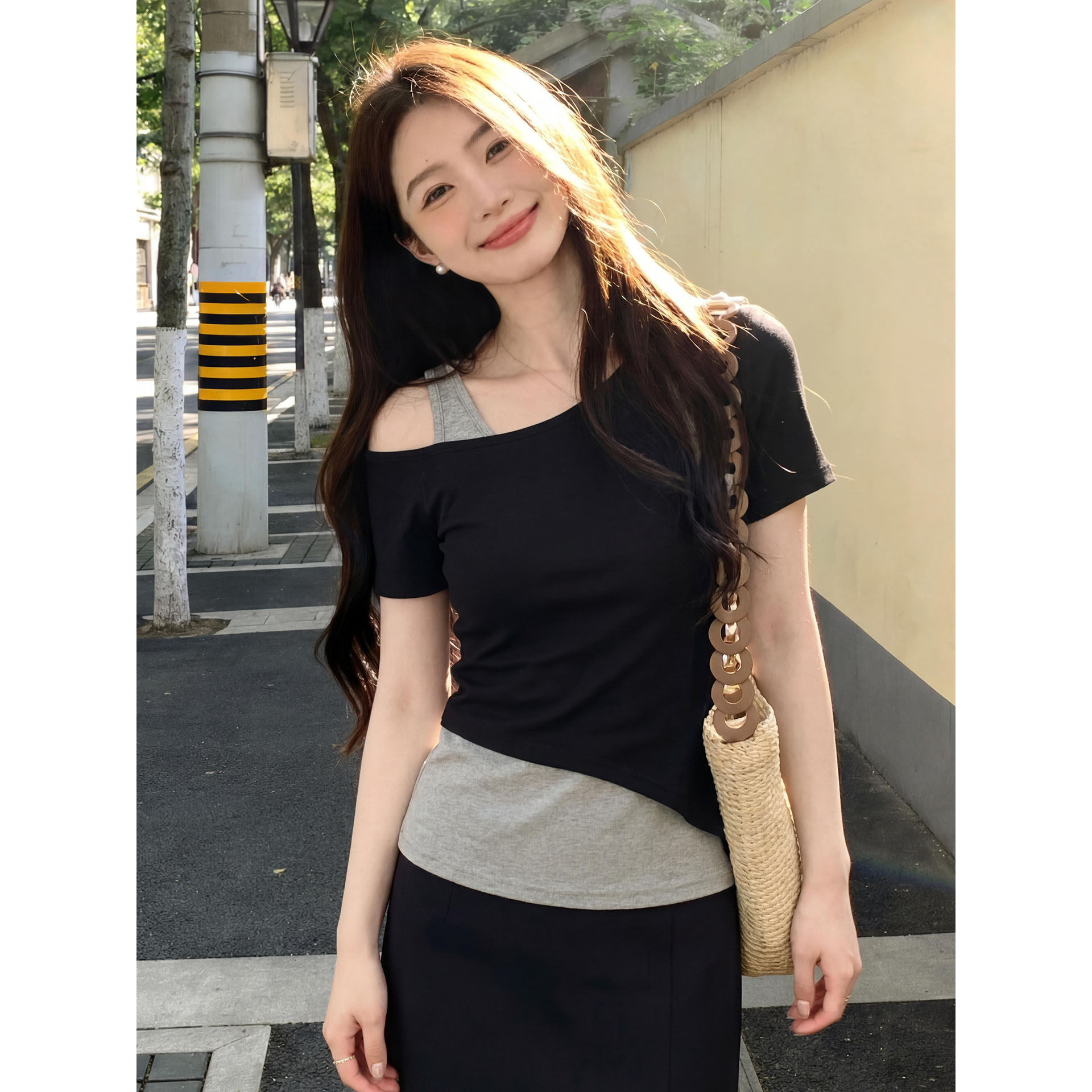 胖MM辣妹风假两件短袖内搭T恤小衫夏季纯欲风性感黑色打底衫上衣