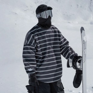 雪否 size宽松加绒透气男女室内滑雪卫衣 黑条纹单板滑雪防水over