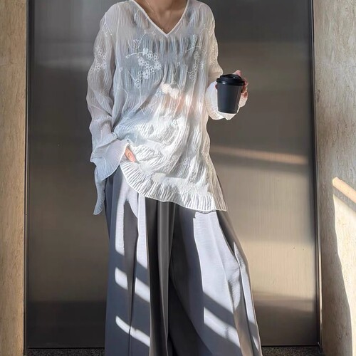 宽松套头长袖提花开叉衬衣