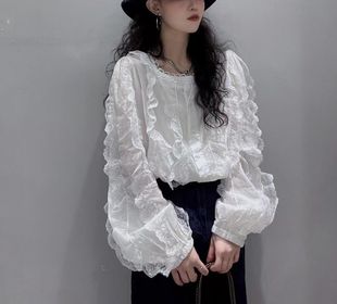 BOLATU柏拉图新款 宽松蕾丝衬衣 韩版 棉麻甜美洋气方领钩花木耳长袖