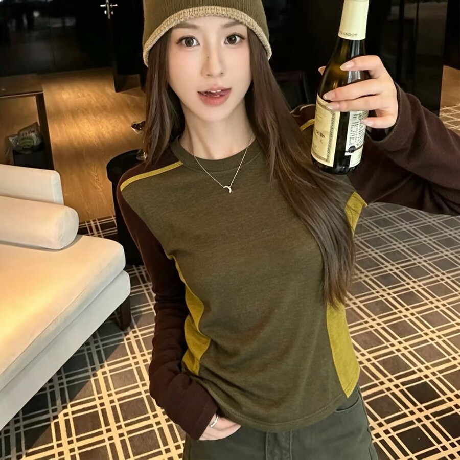 长袖欧货撞色蛋白棉女