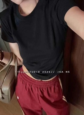 欧洲站2025春夏圆领垫肩修身显瘦短袖T恤女百搭基础款上衣68611-1