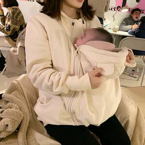 2023秋冬韩国袋鼠母子连体卫衣宝宝妈妈喂奶连帽加绒哺乳衣外套