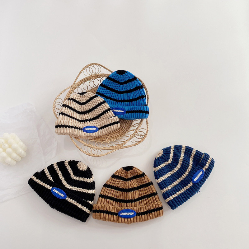 ins秋冬韩范儿童针织帽男女宝宝条纹字母毛线帽卷边瓜皮保暖帽子