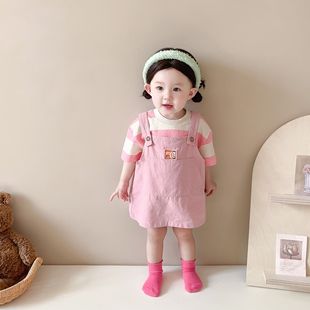 夏装 新款 婴幼儿粉色条纹短袖 ins韩版 上衣 背带裙女童宝宝两件套装