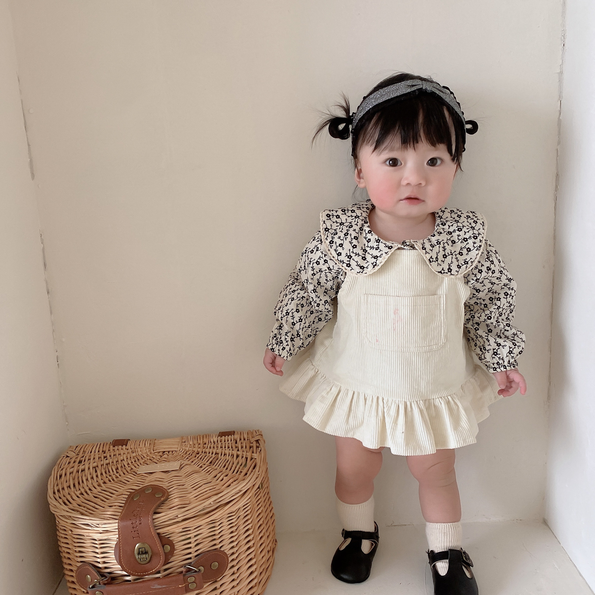ins23春秋韩版婴幼儿背带套装女宝宝碎花娃娃领上衣公主裙两件套