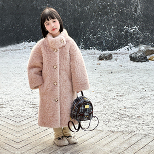 女童皮草大衣冬季长款千金风儿童环保小湖羊皮毛一体外套保暖洋气