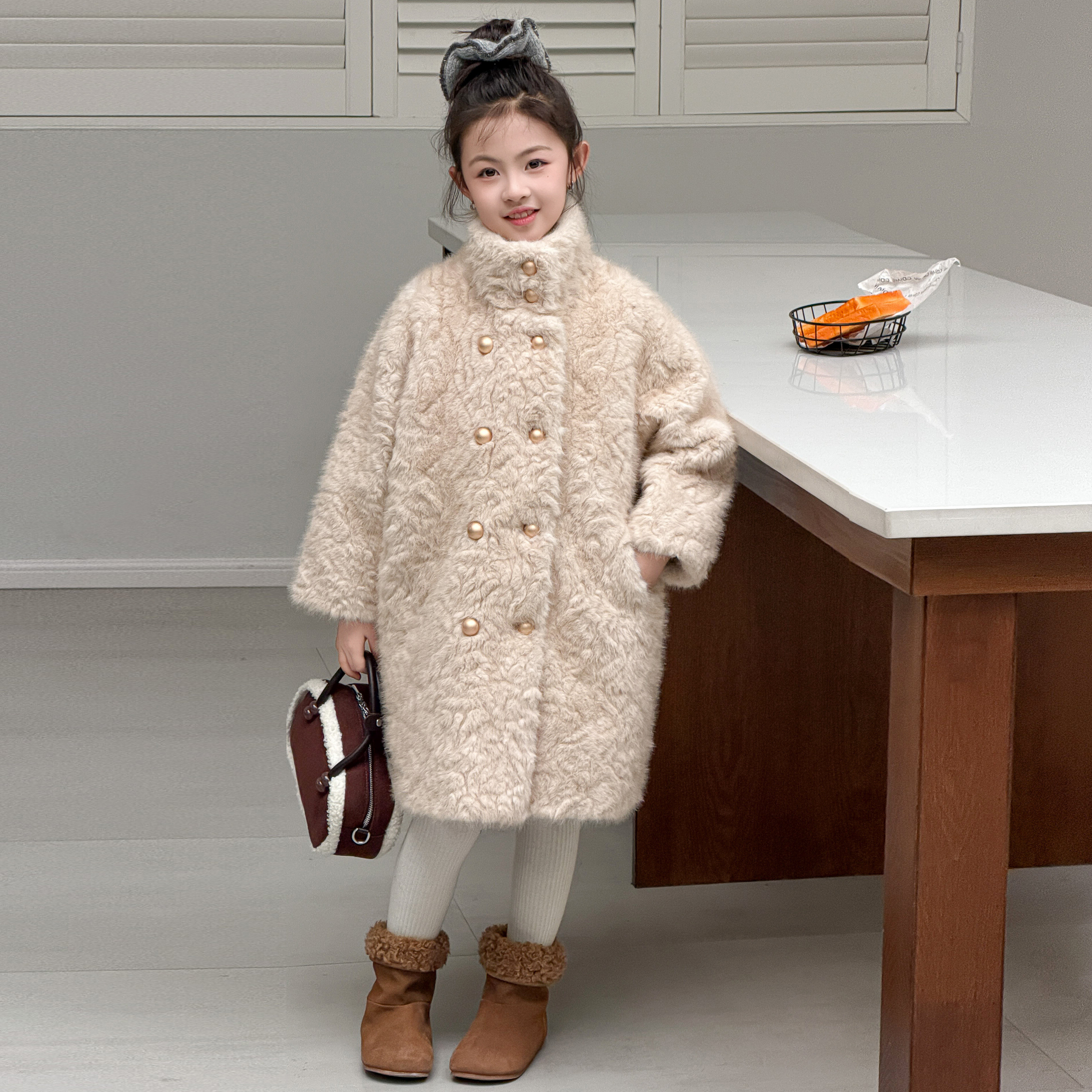 女童立领仿皮草大衣冬装加厚儿童环保小湖羊毛毛外套洋气女孩棉服