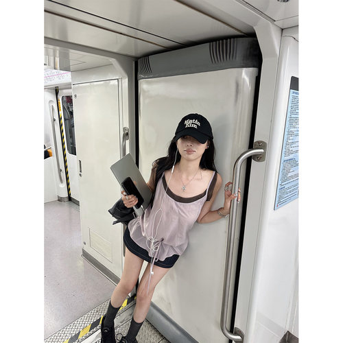 NanaByNana【月河星沙】甜酷假两件网纱吊带背心女夏抽绳叠穿上衣