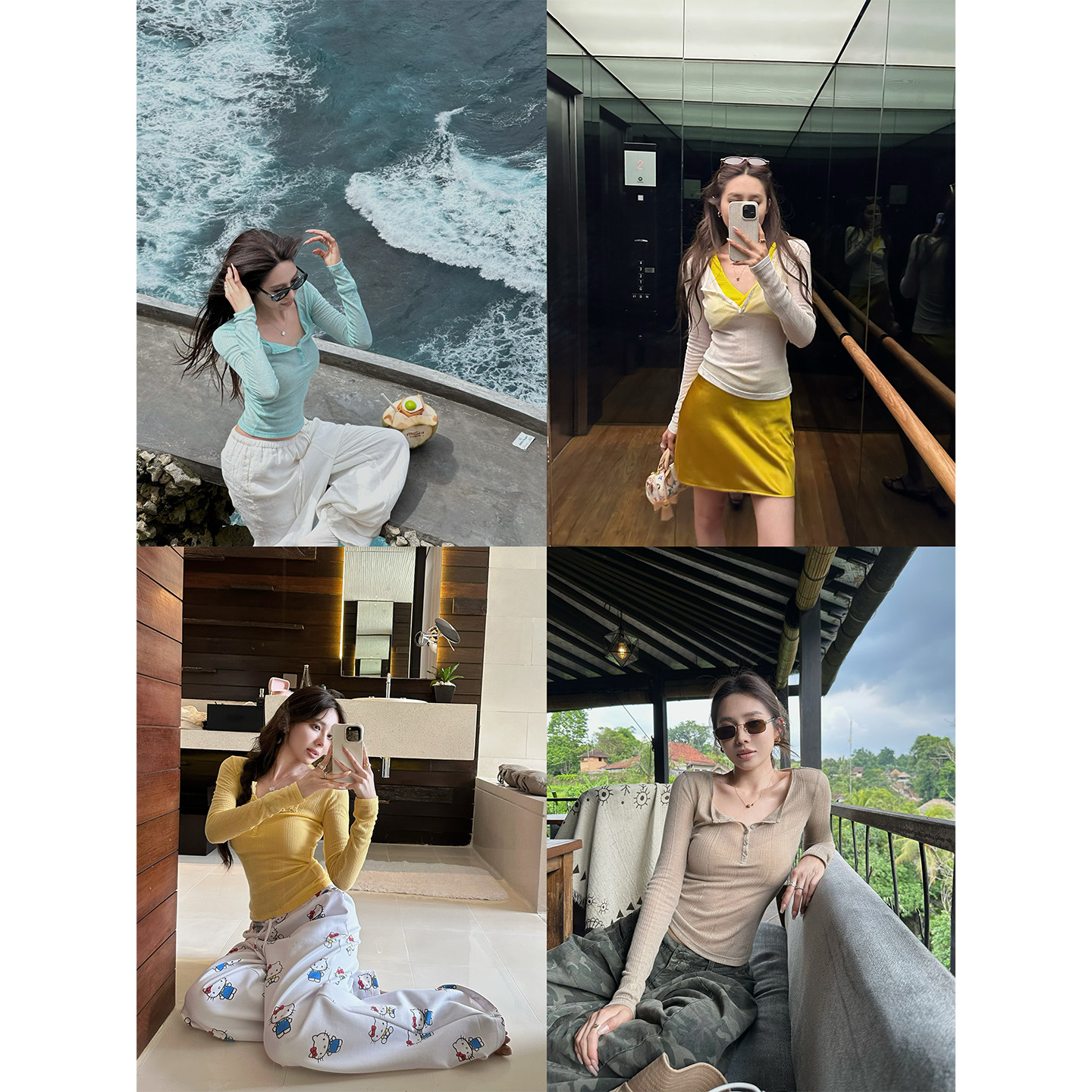 NanaByNana【夏日番晴】薄雾条纹肌理长袖T恤女春夏清透防晒上衣