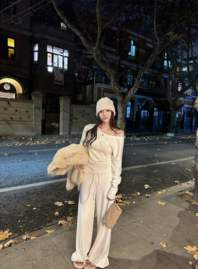 NanaByNana【北欧静奢】340G天丝羊毛斜肩上衣女春季德绒运动套装