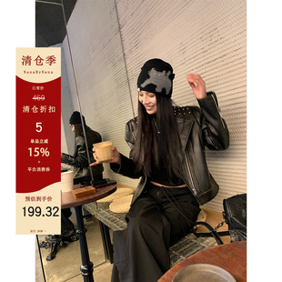 【5折粉丝福利】机车风复古铆钉皮衣女春擦色夹克短外套