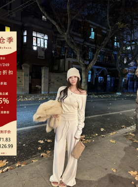 【清仓5折粉丝福利】340G天丝羊毛斜肩上衣女春季德绒运动套装