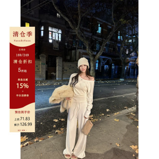 【5折粉丝福利】340G天丝羊毛斜肩上衣女春季德绒运动套装
