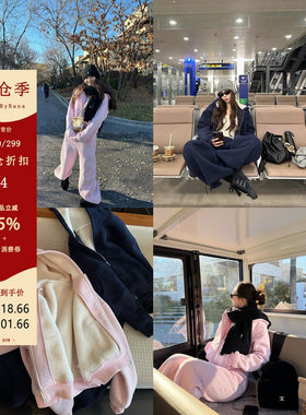 【清仓4折粉丝福利】连帽羊羔毛卫衣套装女冬加绒卫裤两件套