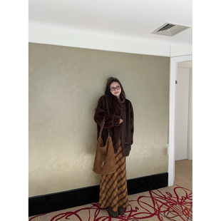 NanaByNana 斜裁羊毛格子半身裙女秋冬格纹一步裙 梵高向日葵